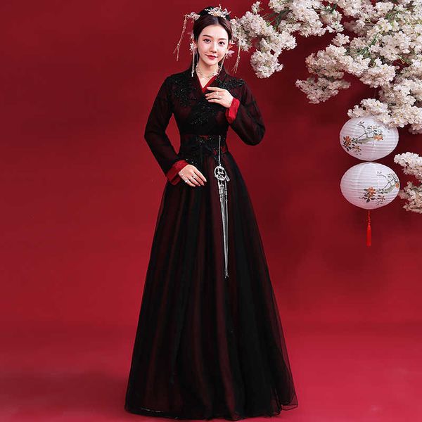 Этническая одежда Оригинальное древнее стиль Улучшенное ханфу женское черное элегантное платье ханфу китайское народное танец приходит в одежду SL4536 G230428