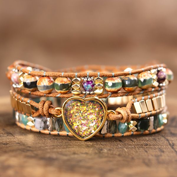 Cadeia Opal Heart Love ToGeter Bracelets Handmade casal de couro Triple Stones Bangles 230511