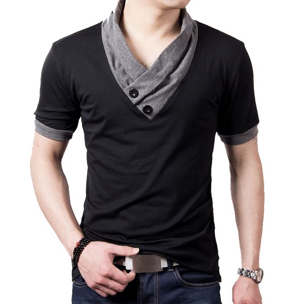 Camisetas para hombre Tallas grandes Verano Camisetas para hombre Moda Slim Manga corta Patchwork Cuello en V Algodón Negro Camiseta Hombre Botón Tops Camisetas 230512