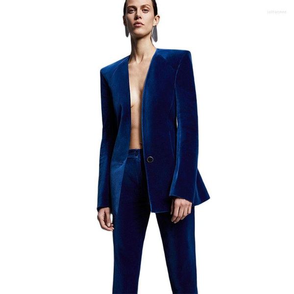 Женские штаны с двумя частями моды королевская синяя бархатная женщина формальные деловые брюки костюмы Slim Fit Office Ladies смокинговые формы.