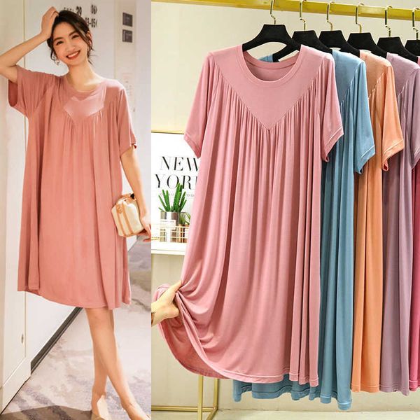 Modal Modal Nightgown Modal Women Cotton Clothes para verão Loue Size Grande Tamanho Casual Vestido noturno de mangas curtas Pleeded Fin Home Dress P230511