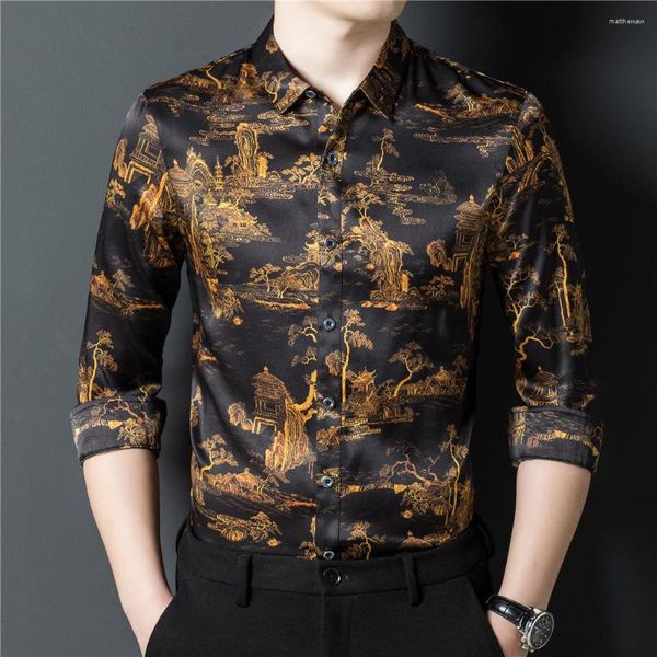 Männer Casual Hemden Chinesischen Stil Seide Kleid Hemd Männer High-End-Langarm Druck Frühling Qualität Glatte Bequeme Vintage chemise Homme