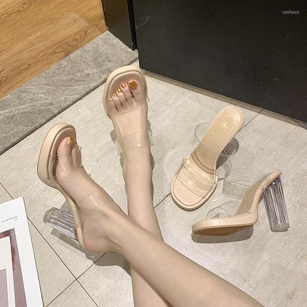 Slippers Clear Transparent Mules Woman Shoes Sexy Women Women Summer Fashion Square High Heels Platform Slides Gladiator Sandals