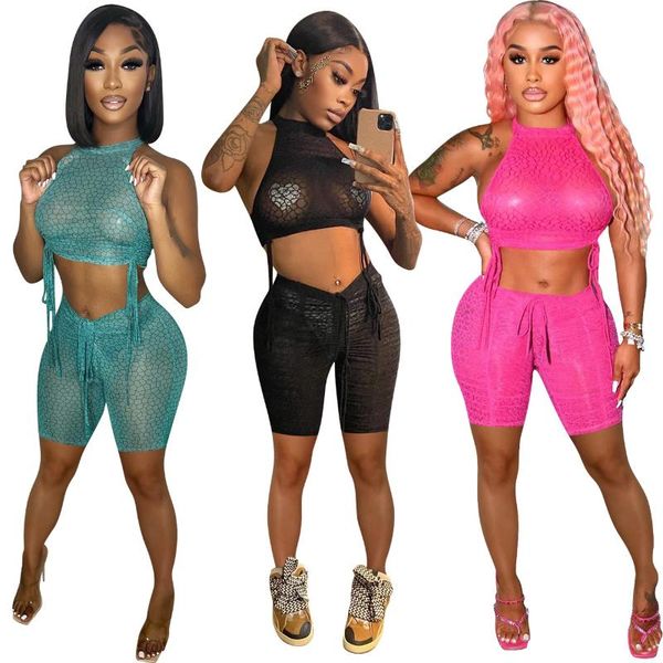 Tute da donna Sexy Tight Mesh Club Abiti 2 pezzi Set Canotta da donna Crop Top e mini pantaloncini Summer See Through Party Clubwear Y2k Clot