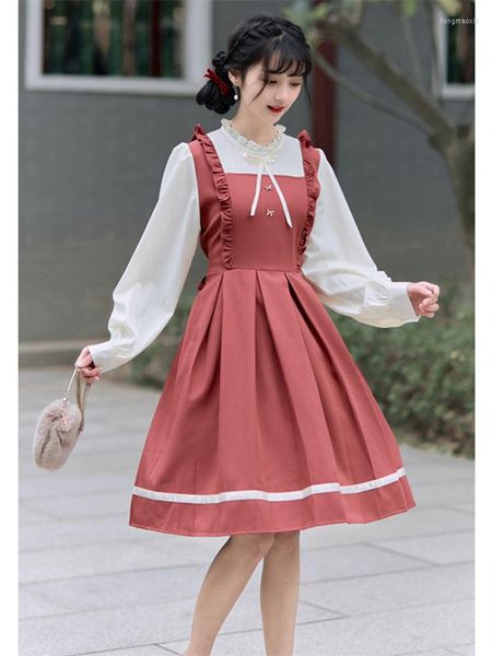 Casual Kleider Japanische Süße Patchwork Puff Sleeve Kleid Kawaii Frauen Herbst Lange Bogen Nette Plissee Petite Weiche Mädchen Vestidos