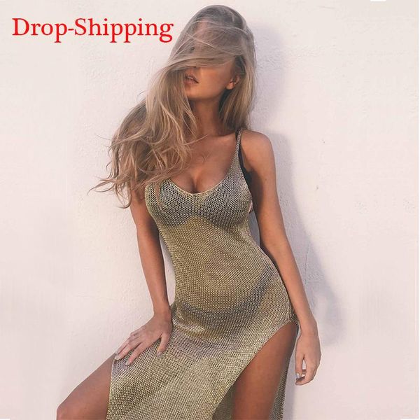 Costumi da bagno moda Mesh Cover Up Sarong Abito da spiaggia sexy Vestido Crochet Costume da bagno dorato Costumi da bagno Donna Trend Pareo Bikini Sarong Coverup