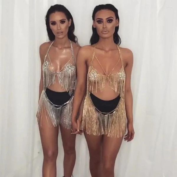 Kadınların izini seksi kadın püskül vücut zinciri metal sırtsız sutyen askıya alınma çok katmanlı etek bikini iç çamaşırı set parti performans kıyafeti