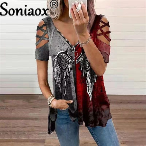 Camiseta feminina outono anjo asas impressas de manga curta Top vintage Vneck zippered Flower Shirt Casual Loose Feminino Camiseta 230511