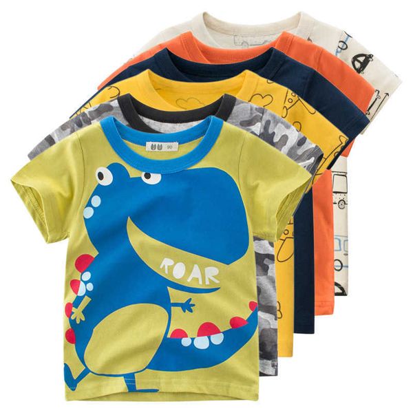 T-shirts 2023 Sommer Neue Cartoon T-Shirt für Jungen und Mädchen Kurzarm Baumwolle Top Dinosaurier Auto Flugzeug Brief Shark Print kinder Kleidung AA230511