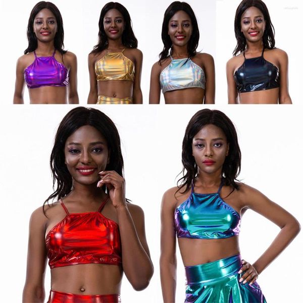 Canotte da donna Reggiseno sexy con lacci lucidi Top Halter senza maniche Incrociato sul retro Metallic Laser Crop Women Club Cami Dance Festival Abiti