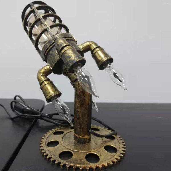 Luci notturne Lampada Steampunk industriale Spina americana Vintage Rocket Desk Light Flame Retro Decor per ornamenti camera da letto casa colonica