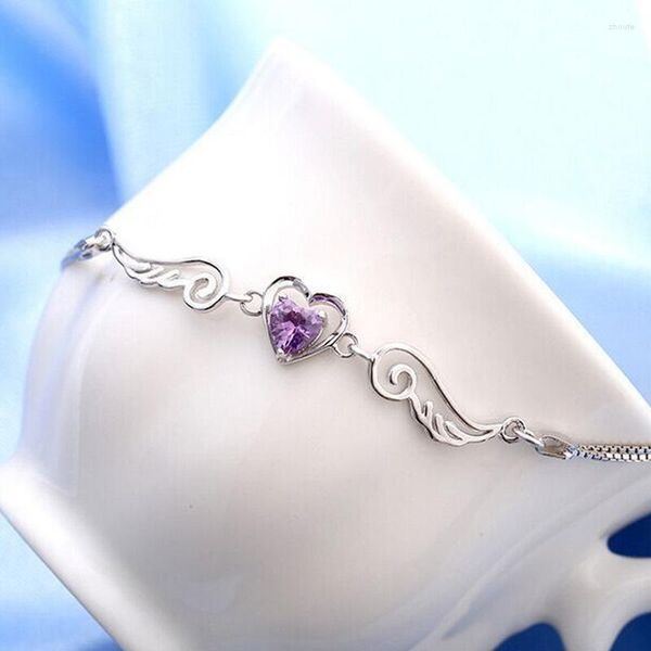 Bracelets de charme Amorui Angel Wing Heart Silver Color Purple Crystal Bracelet Lucky for Women Romântico Jóias Presente de Aniversário