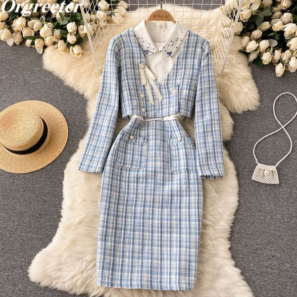 Abito a due pezzi Elegante abito in tweed a quadri blu OL Set a due pezzi Top corto da donna Giacca corta Patchwork Perline Abito al ginocchio Abiti 230512