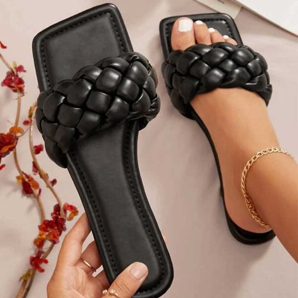 Hausschuhe Frauen Flache Rutsche Geflochtene Vamp Quadratische Zehe Slipper Sandalen Persönlichkeit Hausschuhe 2023 Outdoor Sommer Sexy Rutschen Damen Schuhe G230512