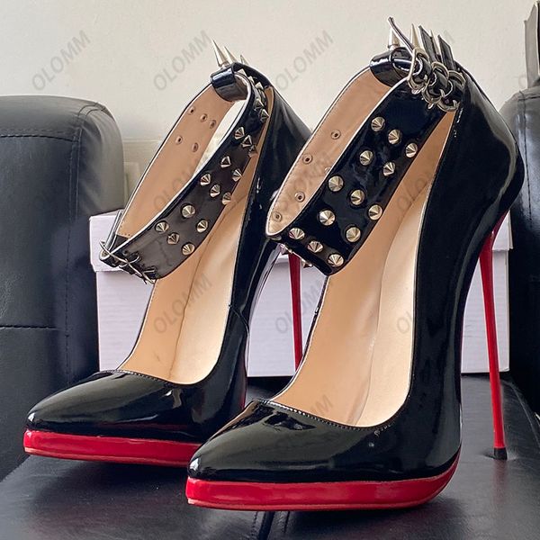 Olomm 2023 Nuove donne di arrivo Pompe Tacchi a spillo con borchie verniciate Scarpe a punta Bella nera Night Club Scarpe da donna Taglia USA 5-10.5