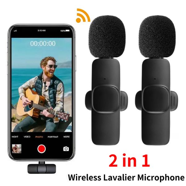 Microfone sem fio K9 2 em 1 Microfones sem fio duplos Gravação de áudio e vídeo portátil Mini microfone para iPhone Android Transmissão ao vivo Ensino de jogos