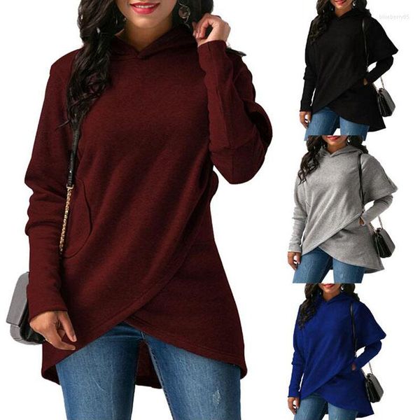 Damen-Kapuzenpullover, langärmelig, mit Kapuze, asymmetrischer Saum, Wickel-Hoodie, einfarbig, lässig und lockere Passform, Sweatshirt, Oberbekleidung, Pullover