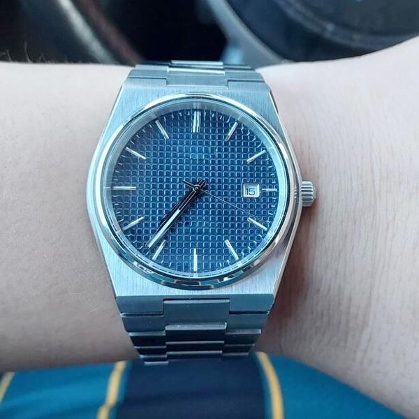 Relógio masculino 40MM com mostrador azul, movimento automático, vidro, pulseira de aço, relógios de pulso