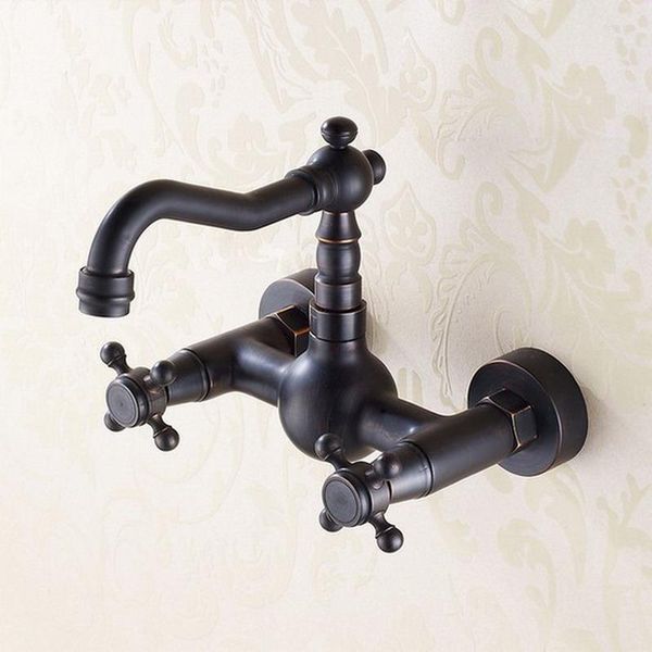 Rubinetti da cucina Bronzo lucidato a olio nero Rubinetti miscelatori per lavabo da bagno con doppia croce fissati al muro Ahg008