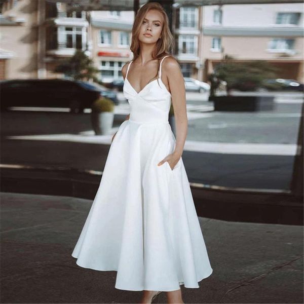 Abiti da festa A-Line Bianco da sposa alla caviglia con scollo a V senza maniche Abiti da sposa da spiaggia senza spalline aperto sul retro Abito semplice country