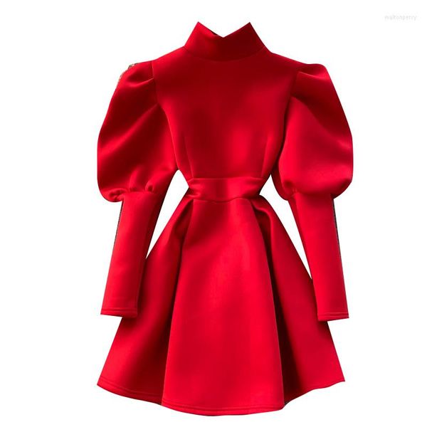 Freizeitkleider Herbst Winter Damen Puffärmel Langes Kleid Stehkragen Schlank A-Linie Elegant Damen Rot