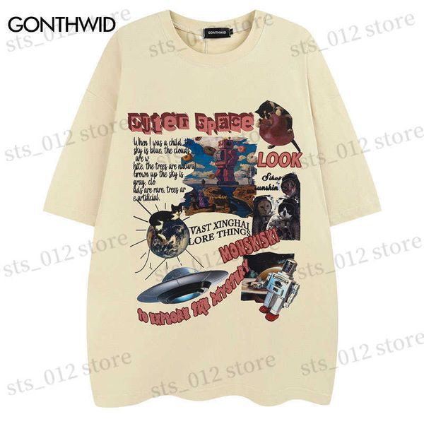 Camisetas masculinas harajuku camiseta streetwear moda gato engraçado espacial impressão gráfica algodão solto camiseta hip hop moda de manga curta camiseta casual camisetas tpis t230512