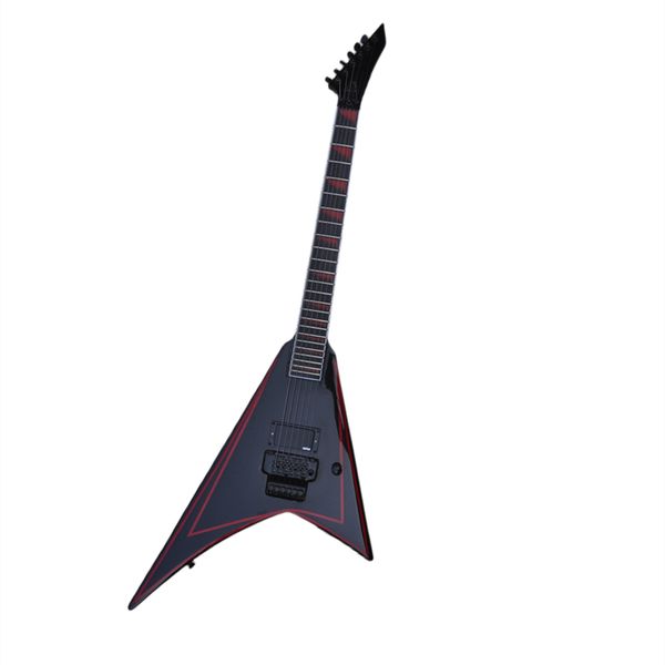 Schwarze Fabrik-E-Gitarre mit 6 Saiten und Tremolo-Brücke, roten Einlagen, Angebotslogo/Farbanpassung