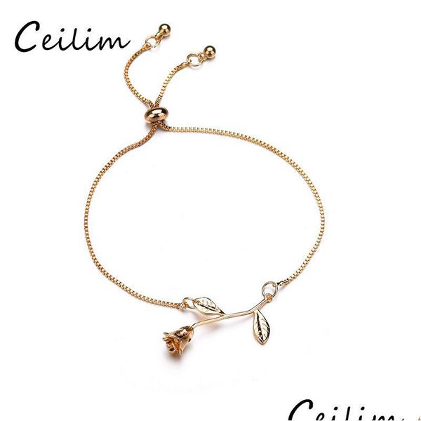 Cadeia nova moda Rose Flower Charm Bracelet for Women Girl Bangle liga Ajusta Jóias de noiva Presente 3 Cores Dro Dhgarden Dhdau