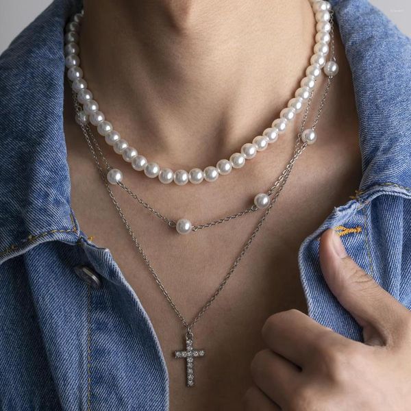 Collane con ciondolo Salircon Collana di perline di perle d'imitazione di moda per uomo Gioielli di tendenza punk con strass squisiti