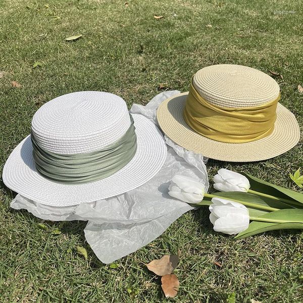 Cappelli a tesa larga Frecn Style Handmade Women Summer Ribbon Protezione solare Cappello Girl Temperament Flat Colorful Big Eave Casual Chic