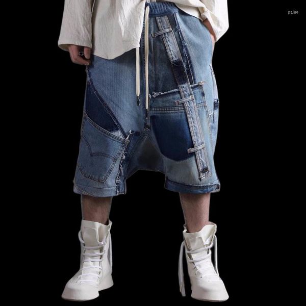 Shorts masculinos moda high street remendado jeans streetwear gota grotch hip hop harem jeans harajuku de tamanho grande de tamanho grande