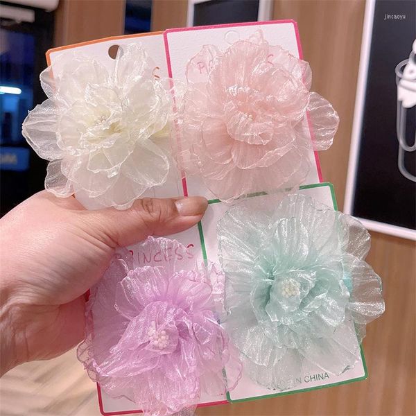 Acessórios para o cabelo Mesh Flores de seda Scrunchie lances para meninas doces 2023 Summer Children Hairpin Princesa Haargummi