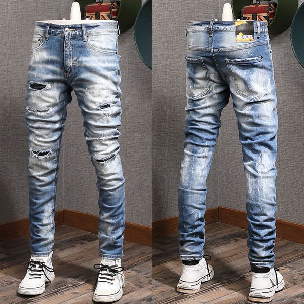 Jeans Homme Denim Envelhecido Pintado Desbotado Slim Fit