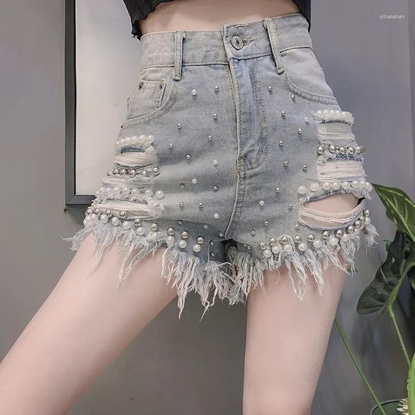 Moda de short feminina Moda de cintura alta jeans rasgou jeans femininos Mujer Sexy Pearl Beading Short Feminino Summer 2023