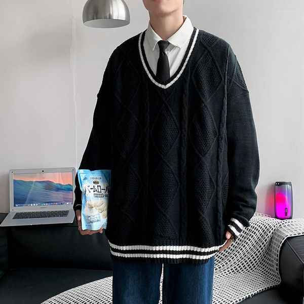 Suéteres masculinos estilos formais de suéter masculino decote em v roupa unissex coreana