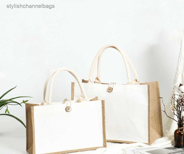 Alışveriş Çantaları Beyaz Tote Çanta Düğmesi Eko Yeniden Kullanılabilir Boş Alışveriş Çantaları Yeniden Kullanılabilir Bakkal Çantaları Büyük Kapasiteli Jüt Çuval Çantası