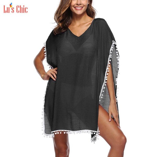 Sarongs Lu's Chic Costume da bagno da donna Cover Up Tassel Kaftan Swimwear Pom Bikini Beach Dress Wear Costume da bagno Loose Fit Coverup