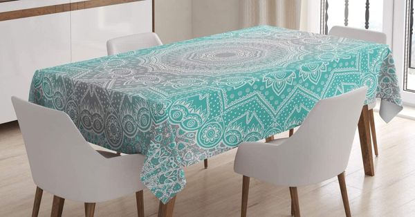 Дизайн на столовой ткани серая и бирюзовая скатерть