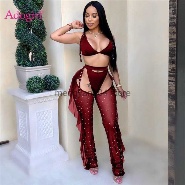 Женские брюки с двумя частями Adogirl Sexy 3 Piece Set Bra Top Thongs жемчужины Ruffle Sheer Mesh Pants Night Club наряды модные брюки бикини костюм 3 цвета T230512