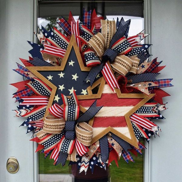 Ghirlande di fiori decorativi Stella patriottica americana benvenuto artigianato in legno ciondolo scultura ghirlanda arco natalizio ghirlande di calcio per porta d'ingresso P230512