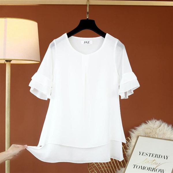 Bloups feminina Mulheres 2023 Verão Chiffon Blouse Solid Fashion Tops Butterfly Sleeve Casual O-Gobes Blusas de grandes dimensões