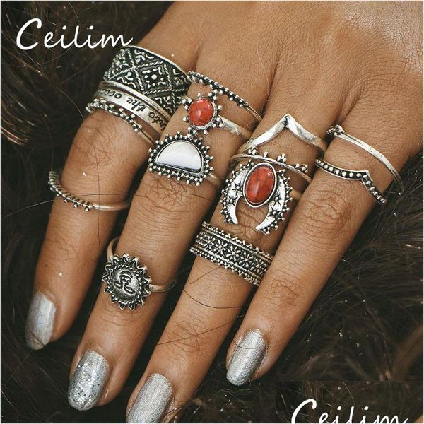 Cluster Rings Fashion Jewelry Joint Ring Set 14Pcs/Set Engraved Bohemian Vintage Punk Antique Siercolor Sun Face Finger For Dhgarden Dhcml