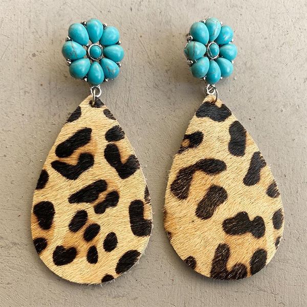 Orecchini pendenti Mucca Modello Leopardo A Goccia Vera Pelle Per Le Donne Capelli Turchese Fiore Di Zucca Orecchino Gioielli Accessori Regalo