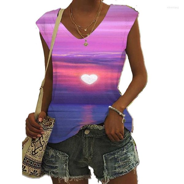 Serbatoi da donna Donna Spiaggia Tramonto Stampa T-shirt senza maniche Hawaii Canotta Estate Casual Gilet da vacanza O Collo Camicia Grils Abbigliamento sciolto Blusas