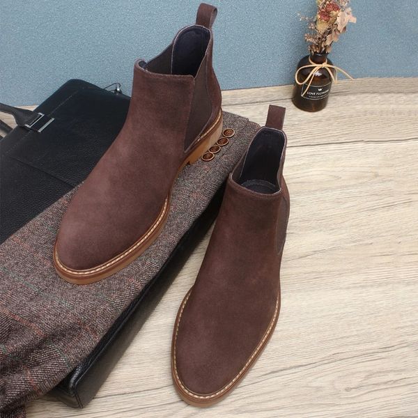 İngiliz tarzı süet kahve / koyu mavi / siyah erkek ayak bileği botları gerçek deri chelsea botları erkek açık hava ayakkabıları
