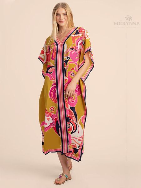 Bademode Lange Kaftan Bohemian Gedruckt Bikini Coverups Sexy Vneck Halbe Hülse Maxi Kleid Tunika Frauen Strand Tragen Badeanzug Cover up Q1333