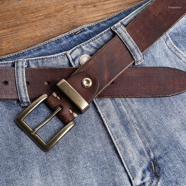 Cintos de alta qualidade de vaca cinto de couro de bronze fivela metal de metal masculino de jeans vintage de jeans, resistente