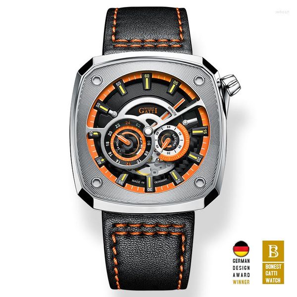 Handgelenkschieben Bonest Gatti Männer Automatische Uhr Luxus Uhren Mechanische Armbanduhr Square Skelett wasserdichtes Saphir -Luminderleder