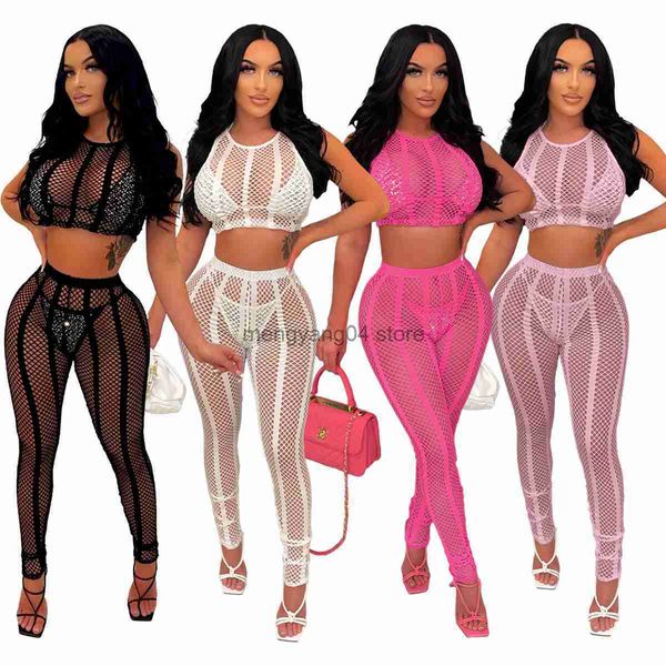 Pontas de duas peças femininas Summer Beach Wear 2 Peças Conjunto de mulheres sexy pura malha cortada ver através da colheita de tanques Tampo + leggings Club Skinny Duas peças Suits T230512