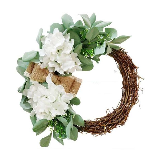 Flores decorativas Wreaths Wreaths Hydrangea branca artificial Grola grinalda pendurada Rattan redonda de pano redonda Decoração de casa de Páscoa especialmente projetada